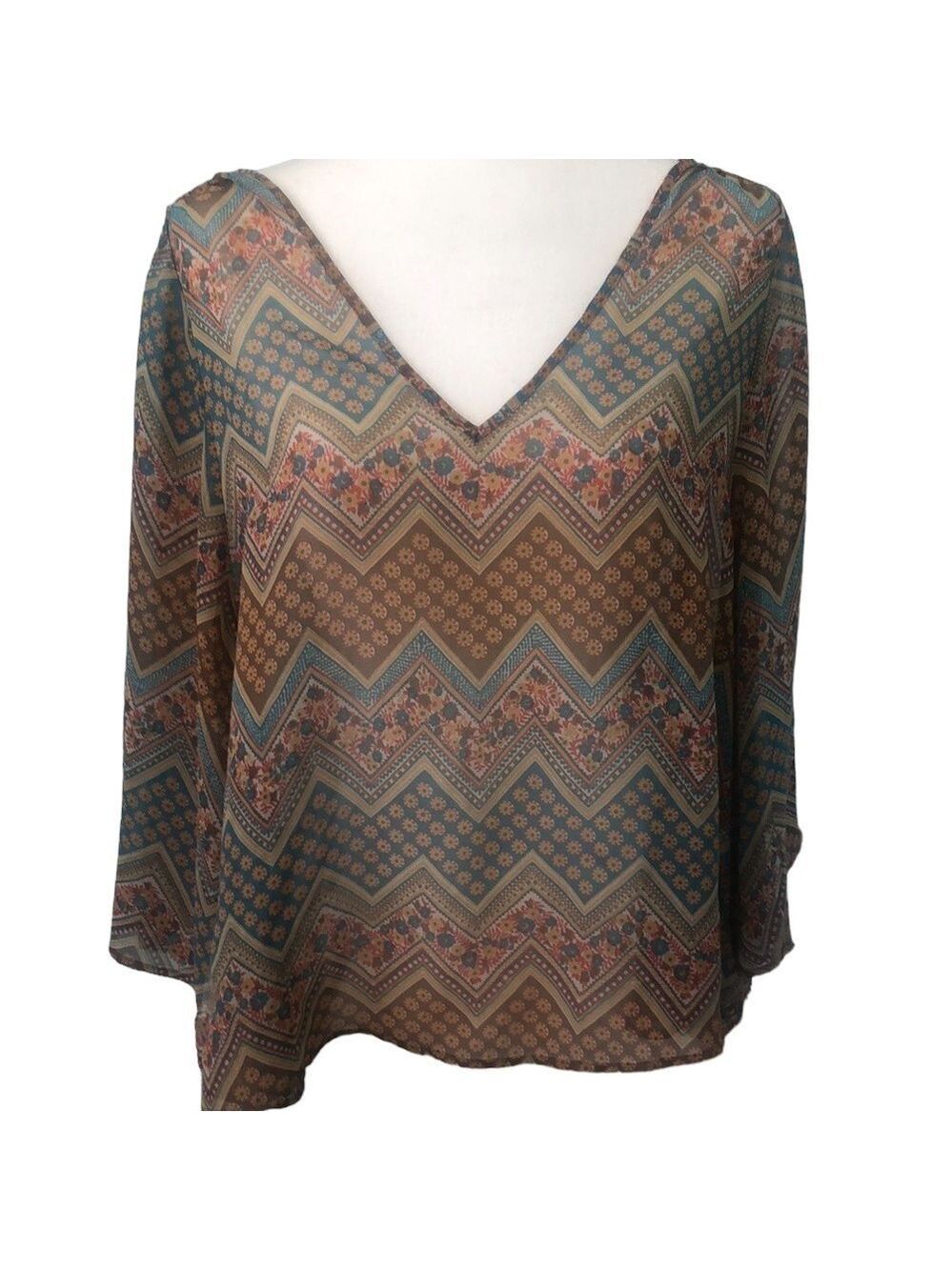 ZOA by Anthropologie Semi Sheer Bat Wing V Neck Multi Print Blouse Poncho Medium